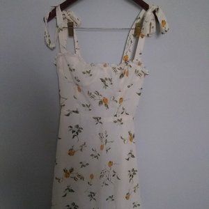NWOT Tie Sleeves Size Medium White Floral Lemon Fit Flare Square Neck Mini Dress